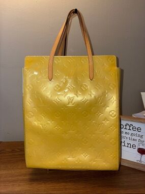 Louis Vuitton Yellow Vernis Monogram Vertical Tote with Tan Handles